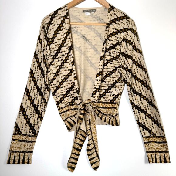 Isabella Bird Anthropologie Silk Cardigan Small Beige Black Geometric Tie Front - Picture 1 of 12
